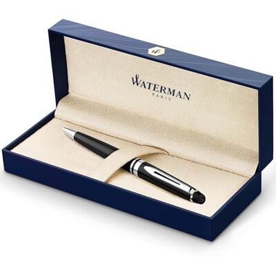 Waterman Expert caneta preta com cor brilhante e adorno cromado, ponta média com cartucho de tinta azul, estojo de presente Waterman Expert caneta preta com cor brilhante e adorno cromado, ponta média com cartucho de tinta azul, estojo de presente