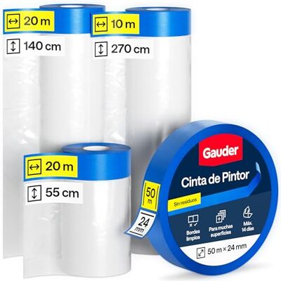 GAUDER Conjunto de 50 m de película protetora com fita adesiva (55 140 270 cm) com fita de pintor (24 mm x 50 m) 66 m² de plástico auto-adesivo, conjunto de 3 para janelas, portas e interruptores GAUDER Conjunto de 50 m de película protetora com fita adesiva (55 140 270 cm) com fita de pintor (24 mm x 50 m) 66 m² de plástico auto-adesivo, conjunto de 3 para janelas, portas e interruptores