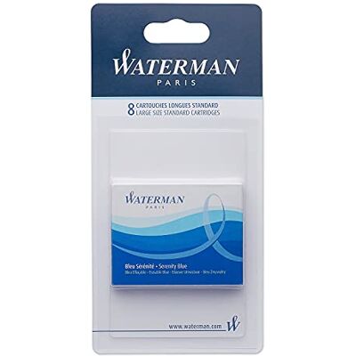 Waterman Cartuchos de tinta para penas estilográficas, longos azul serenidade, embalagem de 8 em blister Waterman Cartuchos de tinta para penas estilográficas, longos azul serenidade, embalagem de 8 em blister