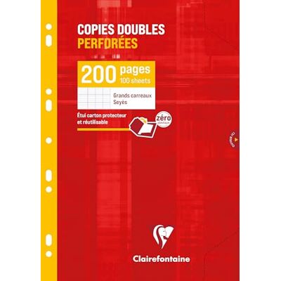 Clairefontaine Um cartão étui 200 páginas Copies doubles perforées 21 x 29,7 cm 90 g grands carreaux Clairefontaine Um cartão étui 200 páginas Copies doubles perforées 21 x 29,7 cm 90 g grands carreaux
