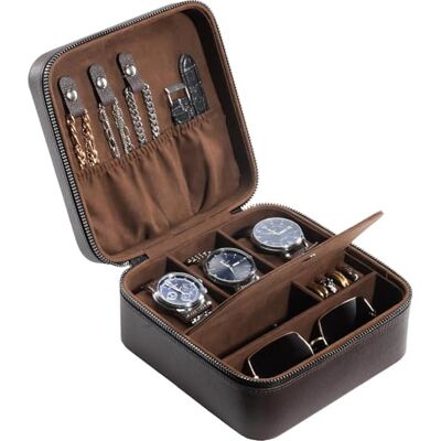 ProCase Estuche de Viaje para Relojes, Caja de Joyería de Cuero para Hombre con 3 Compartimentos, Organizador Portátil para Relojes y Gemelos, Bolsa con Cremallera para Hombre Marrón ProCase Estuche de Viaje para Relojes, Caja de Joyería de Cuero para Hombre con 3 Compartimentos, Organizador Portátil para Relojes y Gemelos, Bolsa con Cremallera para Hombre Marrón