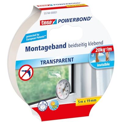 tesa Fita de montagem de dupla face Powerbond transparente 5 m x 19 mm Fita de montagem transparente de dupla face fixação quase invisível em vidro e espelhos tesa Fita de montagem de dupla face Powerbond transparente 5 m x 19 mm Fita de montagem transparente de dupla face fixação quase invisível em vidro e espelhos