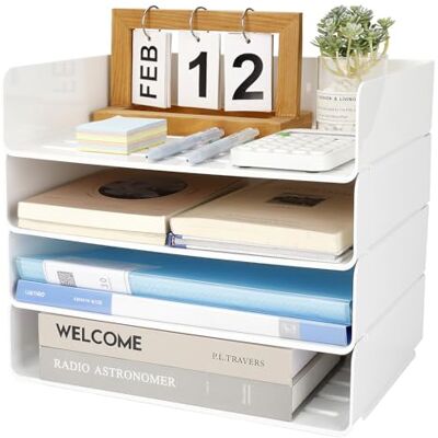 Otauoaea 4 bandejas de escritório empilháveis, branco, plástico Pet A4 Organizador de secretária, portadocumentos, para papéis e documentos, material de escritório Otauoaea 4 bandejas de escritório empilháveis, branco, plástico Pet A4 Organizador de secretária, portadocumentos, para papéis e documentos, material de escritório