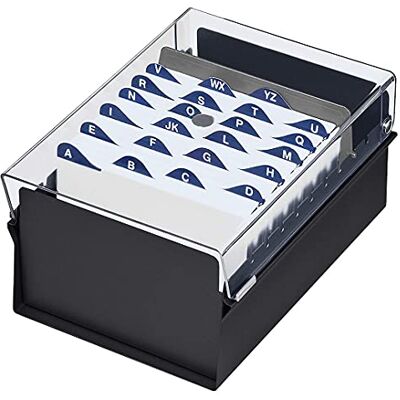 Acrimet Porta cartão de 4" x 6", organizador de fichas, base de metal resistente (inclui índice AZ e um divisor de plástico) (base preta e tampa de plástico transparente) Acrimet Porta cartão de 4" x 6", organizador de fichas, base de metal resistente (inclui índice AZ e um divisor de plástico) (base preta e tampa de plástico transparente)