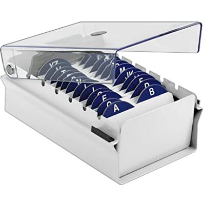 Acrimet Caixa para cartões de visita, porta cartão de negócio, inclui cartões de índice AZ 95 mm x 68 mm e separador (base de metal branca e tampa articulada de plástico transparente) Acrimet Caixa para cartões de visita, porta cartão de negócio, inclui cartões de índice AZ 95 mm x 68 mm e separador (base de metal branca e tampa articulada de plástico transparente)
