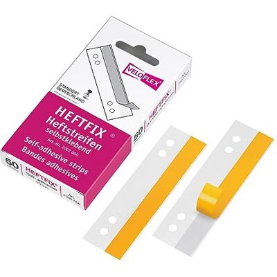 VELOFLEX Tiras de arquivo Heftfix de 105 mm, paq. 50 unidades Autocolantes, de folha rígida, distância entre orifícios de 60 a 80 mm, para amostras, certificados, planos e folhetos VELOFLEX Tiras de arquivo Heftfix de 105 mm, paq. 50 unidades Autocolantes, de folha rígida, distância entre orifícios de 60 a 80 mm, para amostras, certificados, planos e folhetos