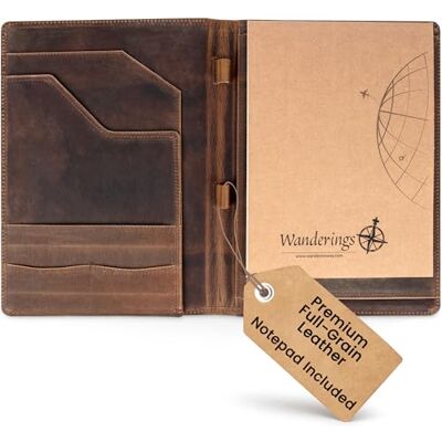 WANDERINGS Porta-documentos de couro vintage organizador profissional e pasta de currículo, pasta de documentos de couro antigo com bloco de escrita. Presente ideal para homens e mulheres WANDERINGS Porta-documentos de couro vintage organizador profissional e pasta de currículo, pasta de documentos de couro antigo com bloco de escrita. Presente ideal para homens e mulheres