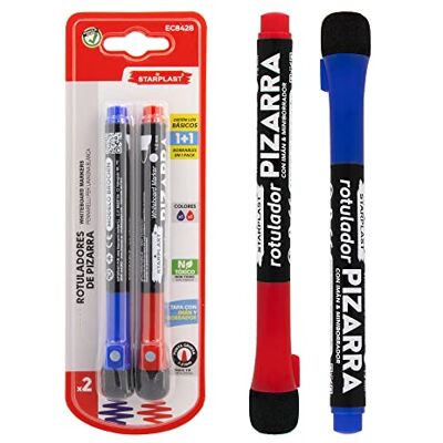 Starplast 2 Marcadores de quadro branco com íman, marcador BROCHIN, ponta redonda de 2,0 mm com apagador, azul e vermelho Starplast 2 Marcadores de quadro branco com íman, marcador BROCHIN, ponta redonda de 2,0 mm com apagador, azul e vermelho