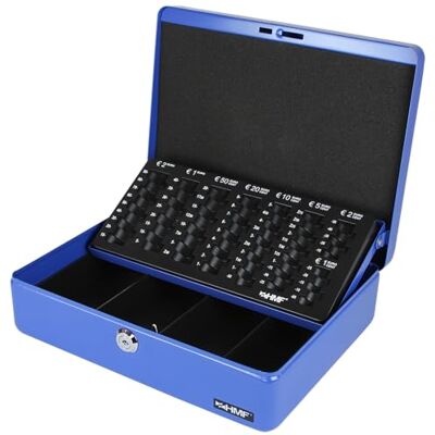 HMF Caixa de fluxo com fechadura e bandeja para contar moedas, 30 x 24 x 9 cm, azul HMF Caixa de fluxo com fechadura e bandeja para contar moedas, 30 x 24 x 9 cm, azul