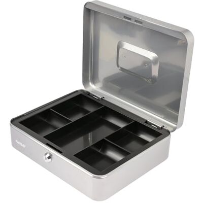 HMF Caixa de fluxo com chave, caixa com bandeja para moedas, 5 compartimentos para moedas 30 x 24 x 9 cm prata HMF Caixa de fluxo com chave, caixa com bandeja para moedas, 5 compartimentos para moedas 30 x 24 x 9 cm prata