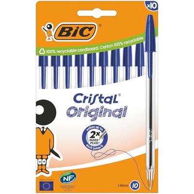 BIC Cristal Original Canetas de Ponta Média (1,00 mm) com Tampa e Tampão Correspondentes Azul, Caixa de 10 BIC Cristal Original Canetas de Ponta Média (1,00 mm) com Tampa e Tampão Correspondentes Azul, Caixa de 10