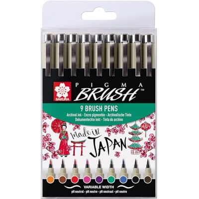 SAKURA Pigma Brush Set 9 Cores Tinta permanente à prova de água Marcadores de ponta de feltro para escrever, desenhar e escrever diários SAKURA Pigma Brush Set 9 Cores Tinta permanente à prova de água Marcadores de ponta de feltro para escrever, desenhar e escrever diários