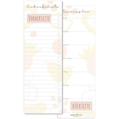 Häfft Bloco de lista de compras paper&you® para riscar, com íman «Fruity» 50 folhas formato vertical plano de refeições para toda a semana Häfft Bloco de lista de compras paper&you® para riscar, com íman «Fruity» 50 folhas formato vertical plano de refeições para toda a semana