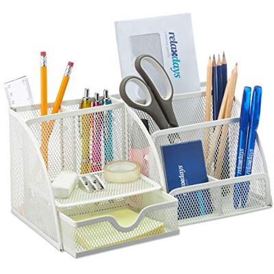 Relaxdays Organizador de mesa de malha metálica, suporte para lápis de escritório, com compartimentos e gaveta, 13 x 28 x 14 cm, branco Relaxdays Organizador de mesa de malha metálica, suporte para lápis de escritório, com compartimentos e gaveta, 13 x 28 x 14 cm, branco