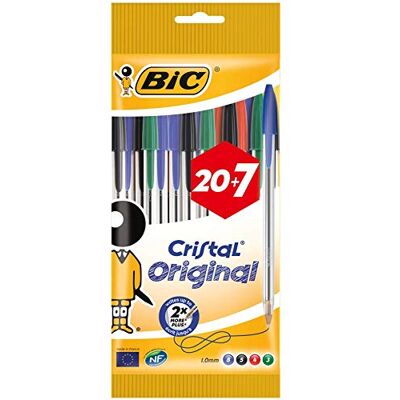 BIC Cristal Original Canetas de ponta média (1,0 mm) – Cores sortidas, blister de 20+7, para escrita suave, certificados com etiqueta ecológica BIC Cristal Original Canetas de ponta média (1,0 mm) – Cores sortidas, blister de 20+7, para escrita suave, certificados com etiqueta ecológica
