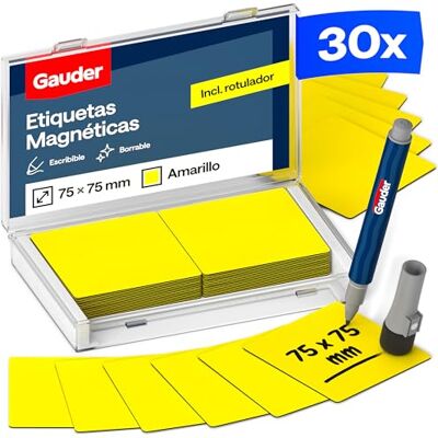 GAUDER Etiquetas magnéticas reutilizáveis, ímans para escrever para quadro branco, placa Kanban, frigorífico e muito mais, cartões magnéticos com marcador, 30 unidades, 75 x 75 mm GAUDER Etiquetas magnéticas reutilizáveis, ímans para escrever para quadro branco, placa Kanban, frigorífico e muito mais, cartões magnéticos com marcador, 30 unidades, 75 x 75 mm