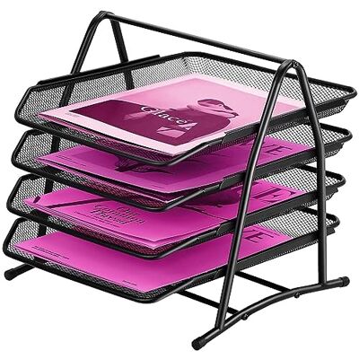 ideallife 4 Tier bandeja de papel organizador de secretária, bandeja de secretária empilhável, estrutura de malha para documentos, papéis de uso em casa ou escritório com deslizantes em 4 níveis ideallife 4 Tier bandeja de papel organizador de secretária, bandeja de secretária empilhável, estrutura de malha para documentos, papéis de uso em casa ou escritório com deslizantes em 4 níveis