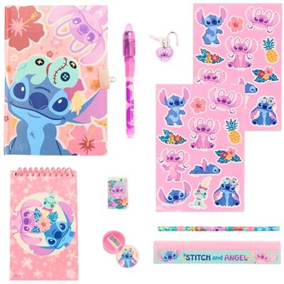 Disney Stitch Conjunto de papelaria, inclui régua de lápis caneta autocolantes borracha de apagar lápis caderno e cadeado com chaves, presente conjunto de papelaria para meninas Disney Stitch Conjunto de papelaria, inclui régua de lápis caneta autocolantes borracha de apagar lápis caderno e cadeado com chaves, presente conjunto de papelaria para meninas