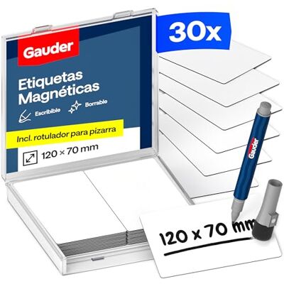 GAUDER Etiquetas magnéticas reutilizáveis, ímans para escrever para quadro branco, placa Kanban, frigorífico e muito mais, cartões magnéticos com marcador, 30 unidades, 120 x 70 mm GAUDER Etiquetas magnéticas reutilizáveis, ímans para escrever para quadro branco, placa Kanban, frigorífico e muito mais, cartões magnéticos com marcador, 30 unidades, 120 x 70 mm