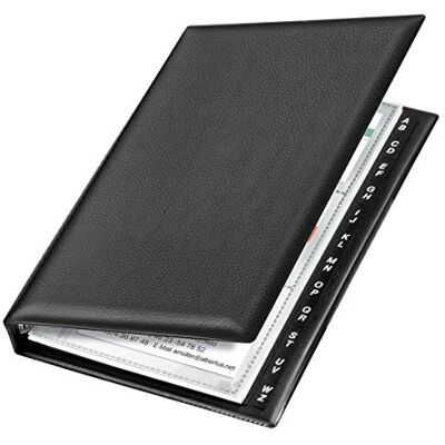 VELOFLEX Pasta de argolas para cartões de visita, mecanismo de 4 anéis, 16 x 145 x 225 mm, preto 16 x 145 x 225 mm, lámina de PVC espumado con aspecto de cuero, 12 fundas para tarjetas de visita, índice de 12 piezas VELOFLEX Pasta de argolas para cartões de visita, mecanismo de 4 anéis, 16 x 145 x 225 mm, preto 16 x 145 x 225 mm, lámina de PVC espumado con aspecto de cuero, 12 fundas para tarjetas de visita, índice de 12 piezas