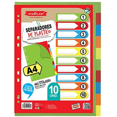Starplast Pack de 10 separadores de flúor para pasta ou arquivo de 2 a 4 anéis, organizadores, polipropileno, índice, multiperfuração, classificador, uso escolar ou de escritório. Starplast Pack de 10 separadores de flúor para pasta ou arquivo de 2 a 4 anéis, organizadores, polipropileno, índice, multiperfuração, classificador, uso escolar ou de escritório.