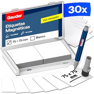 GAUDER Etiquetas magnéticas reutilizáveis, ímans para escrever para quadro branco, placa Kanban, frigorífico e muito mais, cartões magnéticos com marcador, 30 unidades, 75 x 75 mm GAUDER Etiquetas magnéticas reutilizáveis, ímans para escrever para quadro branco, placa Kanban, frigorífico e muito mais, cartões magnéticos com marcador, 30 unidades, 75 x 75 mm