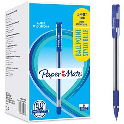 Paper Mate canetas esferográficas, aderência confortável, ponta fina (0,7 mm), azul, 50 unidades Paper Mate canetas esferográficas, aderência confortável, ponta fina (0,7 mm), azul, 50 unidades