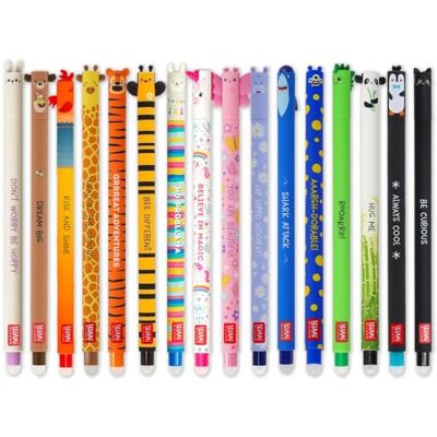 Legami Conjunto de 16 canetas de gel apagáveis com tinta de apagamento termossensível, de tinta e desenhos de barril, ponta de 0,7 mm, desenhos de animais Legami Conjunto de 16 canetas de gel apagáveis com tinta de apagamento termossensível, de tinta e desenhos de barril, ponta de 0,7 mm, desenhos de animais