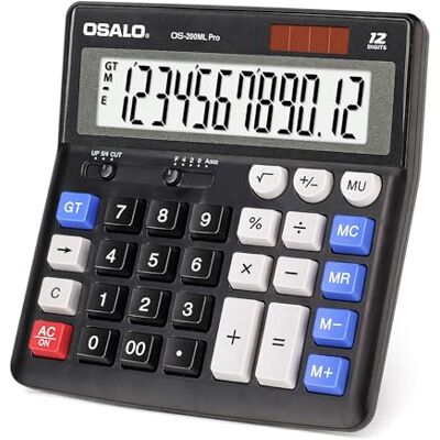 OSALO Calculadora de secretária com ecrã LCD extra grande de 12 dígitos para contabilidade com botão de resposta gigante, bateria e energia solar para escritório, negócios, uso doméstico e diário em OSALO Calculadora de secretária com ecrã LCD extra grande de 12 dígitos para contabilidade com botão de resposta gigante, bateria e energia solar para escritório, negócios, uso doméstico e diário em