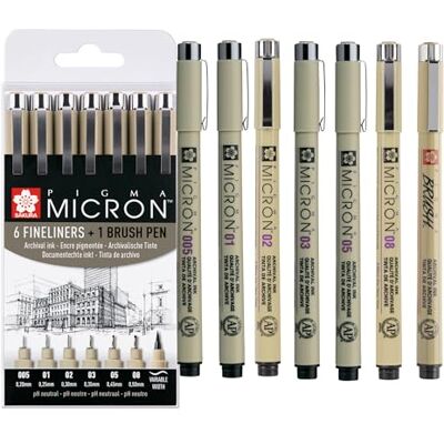 SAKURA Pigma Micron Conjunto de Marcadores de 6 + Pincel Tinta permanente resistente à água Marcadores para escrever, desenhar e manter um diário SAKURA Pigma Micron Conjunto de Marcadores de 6 + Pincel Tinta permanente resistente à água Marcadores para escrever, desenhar e manter um diário