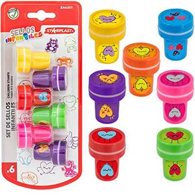 Starplast Pack 6 selos infantis 8 desenhos, não tóxico adequado para pele, recompensa positiva, 22 mm de diâmetro selo, para crianças/ás, cor tinta vermelha design corações Starplast Pack 6 selos infantis 8 desenhos, não tóxico adequado para pele, recompensa positiva, 22 mm de diâmetro selo, para crianças/ás, cor tinta vermelha design corações
