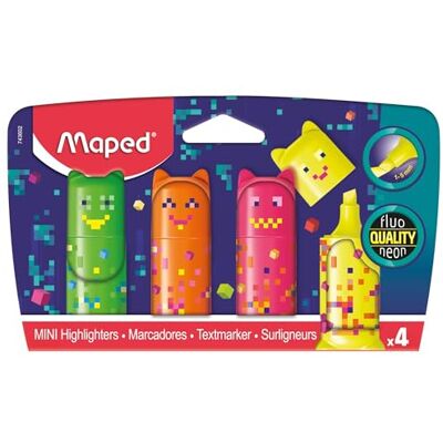 Maped Marcadores Fluo Mini Pixel Party x4 cores vibrantes para estudantes, marcadores pastel e destacadores compactos, mapeados Maped Marcadores Fluo Mini Pixel Party x4 cores vibrantes para estudantes, marcadores pastel e destacadores compactos, mapeados