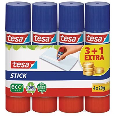 tesa Stick Cola em barra de logótipo ecológico, barra de cola sem cheiro para papel e cartão, sem solventes e ecológico, 4 x 20 g tesa Stick Cola em barra de logótipo ecológico, barra de cola sem cheiro para papel e cartão, sem solventes e ecológico, 4 x 20 g