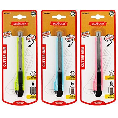 Starplast Startplast, pack 3 Cutter com ponta resistente de metal, travão de segurança, folha selecionável, para uso escolar e escritório. Starplast Startplast, pack 3 Cutter com ponta resistente de metal, travão de segurança, folha selecionável, para uso escolar e escritório.