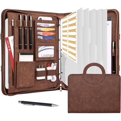 Leathario pasta de couro vegano A4, caderno, porta-documentos com argolas, folhas protetoras coloridas para documentos de entrevistas, para viagens e reuniões Leathario pasta de couro vegano A4, caderno, porta-documentos com argolas, folhas protetoras coloridas para documentos de entrevistas, para viagens e reuniões