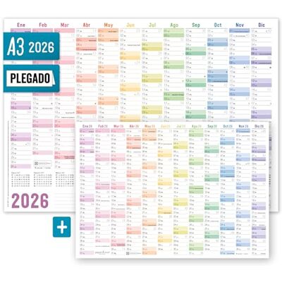 Häfft Calendário de parede ® 2026 A3 em espanhol (42 x 29,7 cm) dobrado "Rainbow", planeador de parede com os feriados espanhóis + calendário A4 extra sustentável e respeitador do clima Häfft Calendário de parede ® 2026 A3 em espanhol (42 x 29,7 cm) dobrado "Rainbow", planeador de parede com os feriados espanhóis + calendário A4 extra sustentável e respeitador do clima
