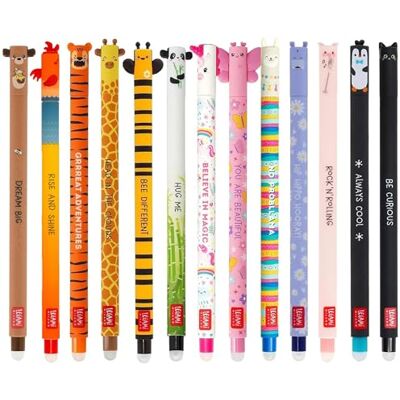 Legami Conjunto de 13 canetas de gel apagáveis, tinta termossensível e colorida, design divertido em forma de barril, ponta de 0,7 mm, motivos animais panda, folha, unicórnio Legami Conjunto de 13 canetas de gel apagáveis, tinta termossensível e colorida, design divertido em forma de barril, ponta de 0,7 mm, motivos animais panda, folha, unicórnio