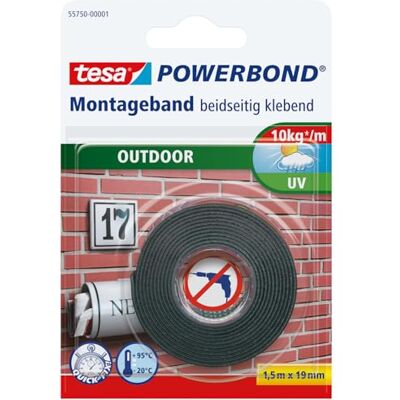 tesa Powerbond Fita dupla face OUTDOOR, fita de montagem para exteriores, resistente a raios UV, água e temperatura, suporta até 1 kg por cada 10 cm de fita, 1,5 m x 19 mm tesa Powerbond Fita dupla face OUTDOOR, fita de montagem para exteriores, resistente a raios UV, água e temperatura, suporta até 1 kg por cada 10 cm de fita, 1,5 m x 19 mm