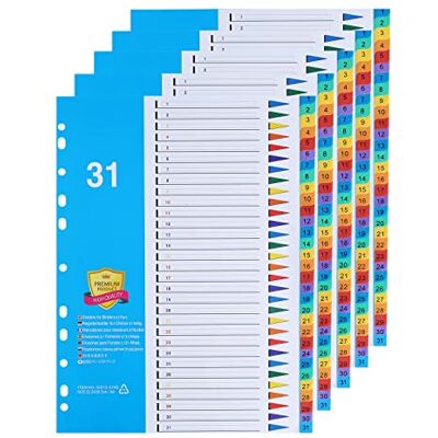 DONGLI 5 unidades divisores de arquivos A4, número 1-31 Separadores de arquivo com 11 furos e pestanas multicoloridas para o escritório doméstico DONGLI 5 unidades divisores de arquivos A4, número 1-31 Separadores de arquivo com 11 furos e pestanas multicoloridas para o escritório doméstico