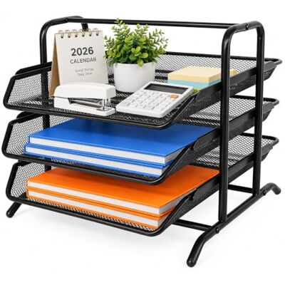 EasyPAG 3 níveis metal malha escritório A4 mesa bandeja documento suporte arquivos organizador revisteiro armazenamento papéis classificador carta prateleira fólios, preto EasyPAG 3 níveis metal malha escritório A4 mesa bandeja documento suporte arquivos organizador revisteiro armazenamento papéis classificador carta prateleira fólios, preto