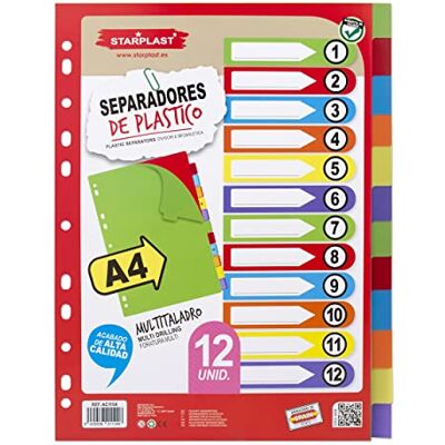 Starplast Pack de 12 Separadores Fluorescentes para pasta ou arquivo de 2 a 4 argolas, organizadores, polipropileno, índice, multiperfuração, classificador, uso escolar ou de escritório. Starplast Pack de 12 Separadores Fluorescentes para pasta ou arquivo de 2 a 4 argolas, organizadores, polipropileno, índice, multiperfuração, classificador, uso escolar ou de escritório.