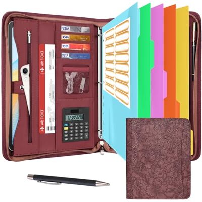 Leathario Pasta de conferências organizador pessoal de viagem portfólio de A4 documentos com fecho de correr com painel de escrita calculadora solar Leathario Pasta de conferências organizador pessoal de viagem portfólio de A4 documentos com fecho de correr com painel de escrita calculadora solar