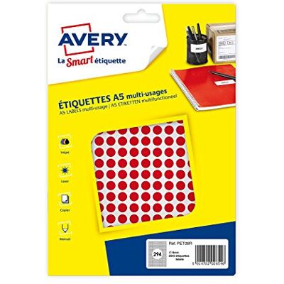 Avery 2940 Etiquetas redondas, cor vermelha 8 mm Avery 2940 Etiquetas redondas, cor vermelha 8 mm
