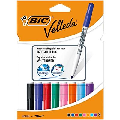 BIC Velleda Marcadores de quadro branco, ponta média (4,5 mm), ideal para uso escolar e escritórios, cores sortidas, caixa de 8 BIC Velleda Marcadores de quadro branco, ponta média (4,5 mm), ideal para uso escolar e escritórios, cores sortidas, caixa de 8