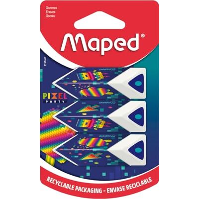Maped Conjunto de 3 borrachas de apagar de pirâmides com precisão e conforto, cor branca, gama Pixel Party embalagem reciclável Maped Conjunto de 3 borrachas de apagar de pirâmides com precisão e conforto, cor branca, gama Pixel Party embalagem reciclável