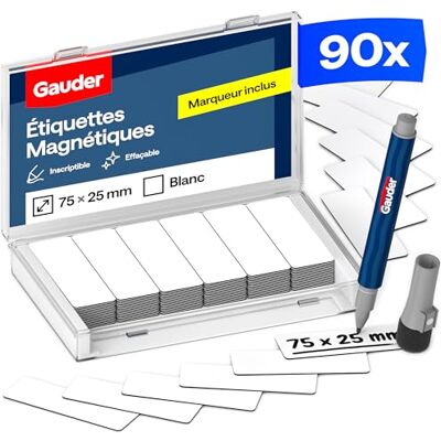 GAUDER Etiquetas magnéticas reutilizáveis, ímans para escrever para quadro branco, placa Kanban, frigorífico e muito mais, cartões magnéticos com marcador, 90 unidades, 75 x 25 mm GAUDER Etiquetas magnéticas reutilizáveis, ímans para escrever para quadro branco, placa Kanban, frigorífico e muito mais, cartões magnéticos com marcador, 90 unidades, 75 x 25 mm