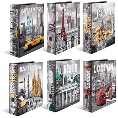 HERMA Arquivadores de anéis com alavanca cidades de tendência, motivos sortidos, A4, 70 mm, com estampado interior, embalagem de 10 HERMA Arquivadores de anéis com alavanca cidades de tendência, motivos sortidos, A4, 70 mm, com estampado interior, embalagem de 10
