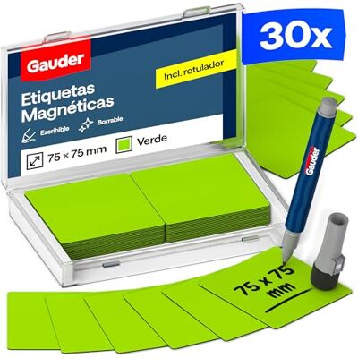 GAUDER Etiquetas magnéticas reutilizáveis, ímans para escrever para quadro branco, placa Kanban, frigorífico e muito mais, cartões magnéticos com marcador, 30 unidades, 75 x 75 mm GAUDER Etiquetas magnéticas reutilizáveis, ímans para escrever para quadro branco, placa Kanban, frigorífico e muito mais, cartões magnéticos com marcador, 30 unidades, 75 x 75 mm