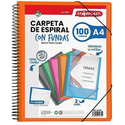 Starplast Pasta com capas em espiral flexível, 00 capas transparentes, A4, fecho elástico, tampa de polipropileno, capa personalizável, para uso escolar e escritório, cor laranja Starplast Pasta com capas em espiral flexível, 00 capas transparentes, A4, fecho elástico, tampa de polipropileno, capa personalizável, para uso escolar e escritório, cor laranja