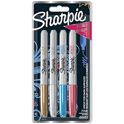 Sharpie Marcadores metálicos permanentes, ponta fina, cores sortidas, 4 unidades (embalagem de 1) Sharpie Marcadores metálicos permanentes, ponta fina, cores sortidas, 4 unidades (embalagem de 1)